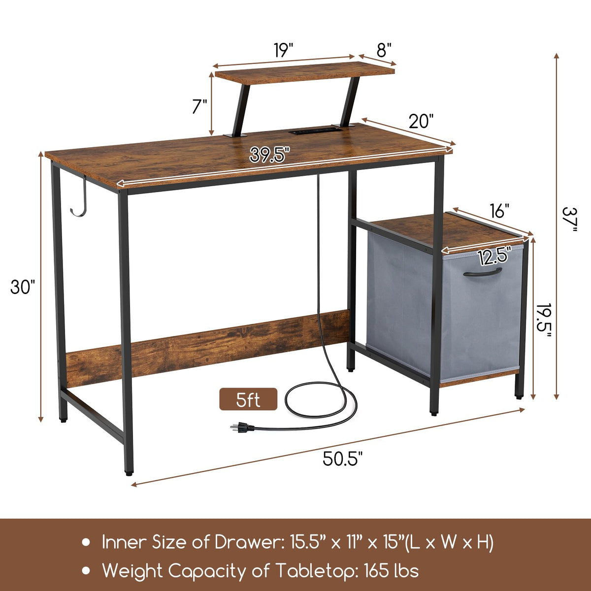 GIANTEX Computer Desk with Drawer and Power Outlet, Home Office Desk with Reversible Storage Drawer & Raised Shelf, Computer Workstation with Hook, Industrial Study Writing Desk for Study, Bedroom
