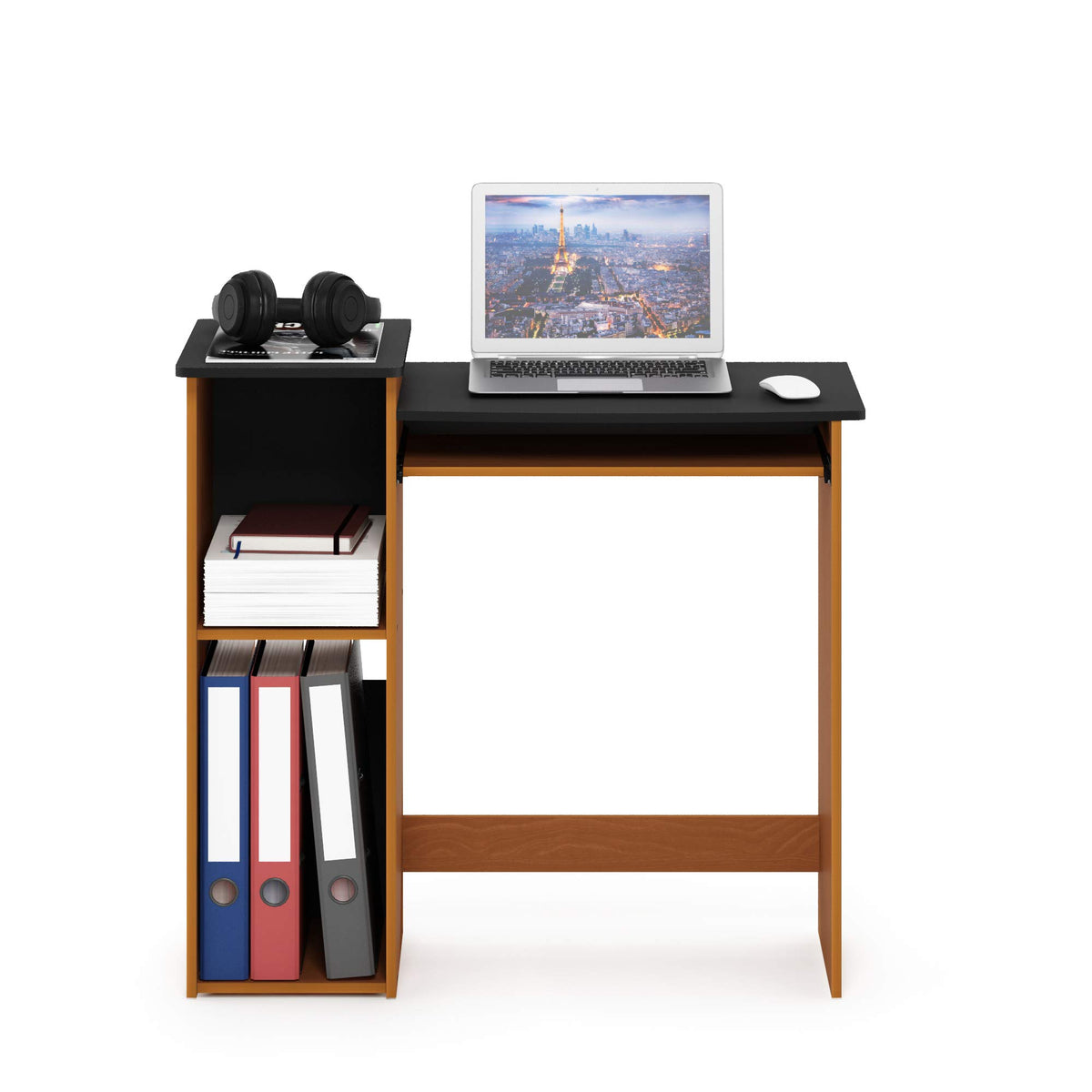 Furinno Econ 33-inch Wide Desk with 2-Tier Open Shelf, Light Cherry/Black