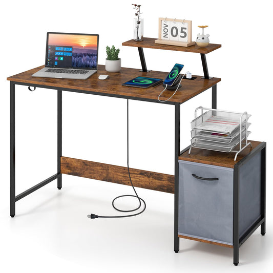 GIANTEX Computer Desk with Drawer and Power Outlet, Home Office Desk with Reversible Storage Drawer & Raised Shelf, Computer Workstation with Hook, Industrial Study Writing Desk for Study, Bedroom