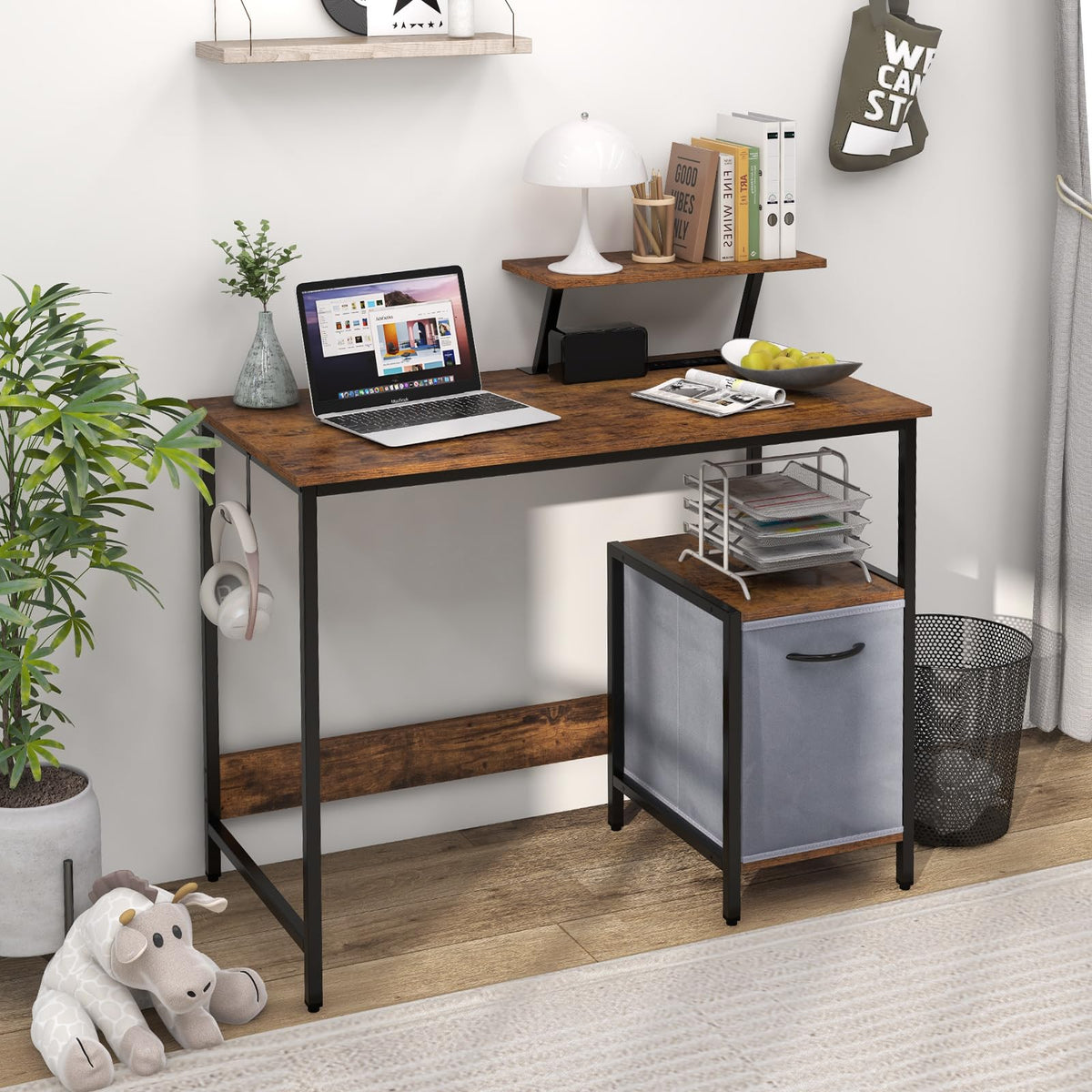 GIANTEX Computer Desk with Drawer and Power Outlet, Home Office Desk with Reversible Storage Drawer & Raised Shelf, Computer Workstation with Hook, Industrial Study Writing Desk for Study, Bedroom