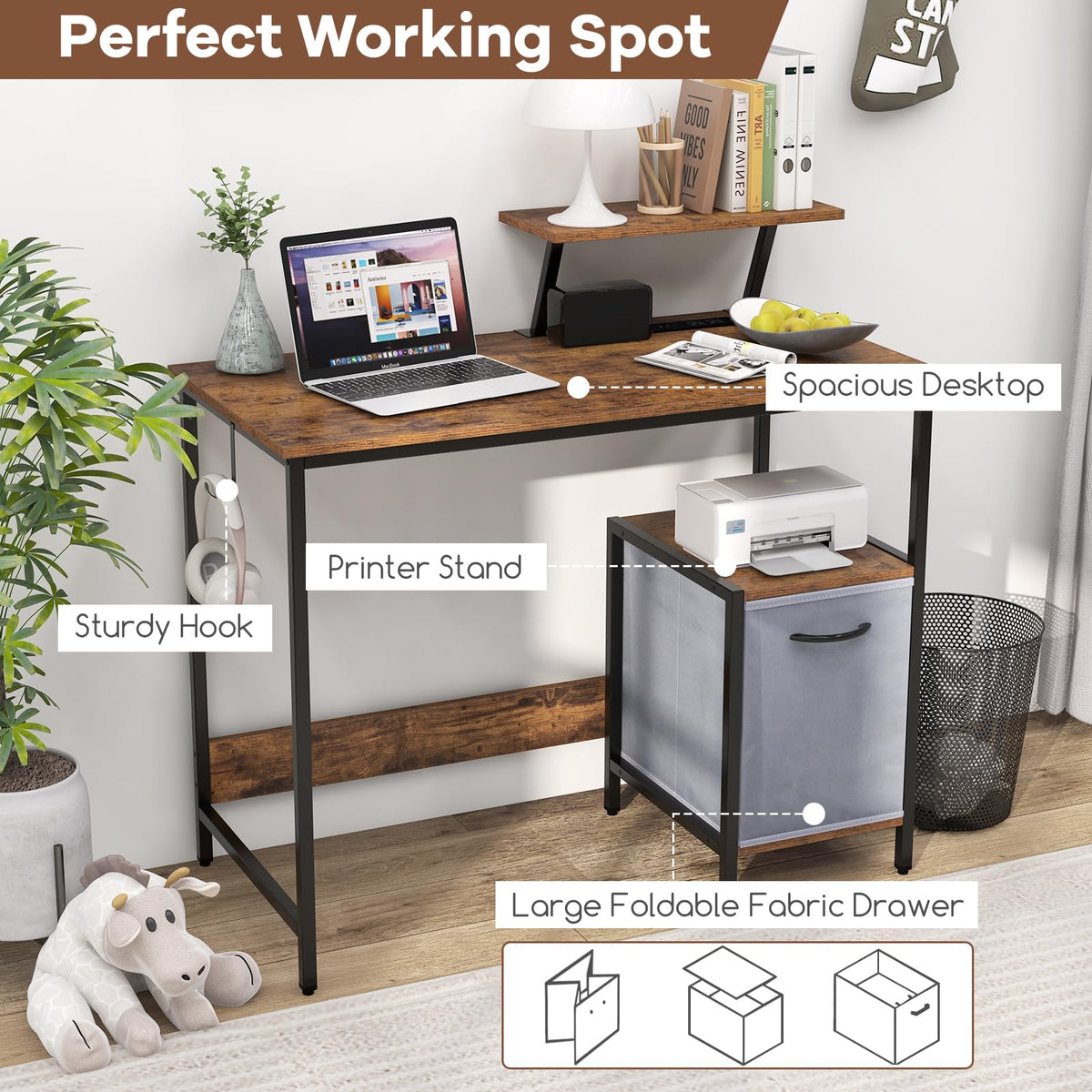 GIANTEX Computer Desk with Drawer and Power Outlet, Home Office Desk with Reversible Storage Drawer & Raised Shelf, Computer Workstation with Hook, Industrial Study Writing Desk for Study, Bedroom