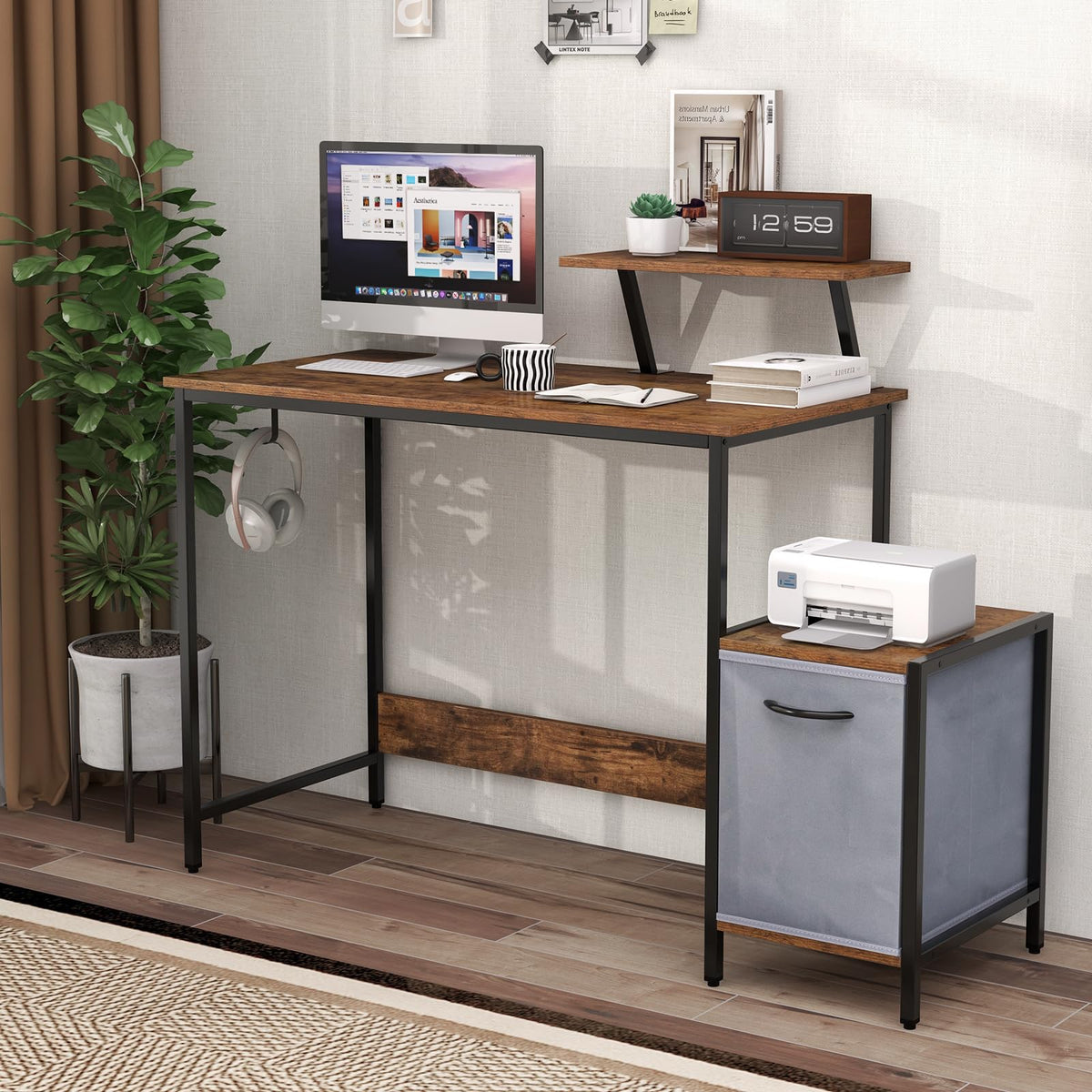 GIANTEX Computer Desk with Drawer and Power Outlet, Home Office Desk with Reversible Storage Drawer & Raised Shelf, Computer Workstation with Hook, Industrial Study Writing Desk for Study, Bedroom